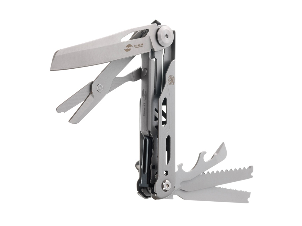 Нож перочинный Stinger, 112 мм, 9 функций, материал рукояти: нержавеющая сталь (серебристый)