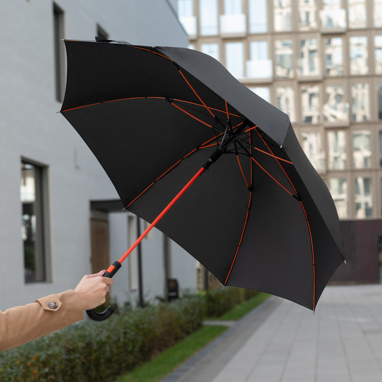Зонт-трость Квантум (Quantum), черный/оранжевый