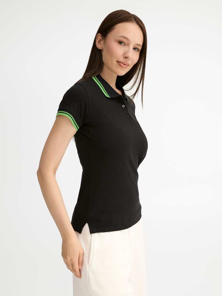 Рубашка поло женская Pasadena Women 200 с контрастной отделкой, черный/зеленый, размер XL