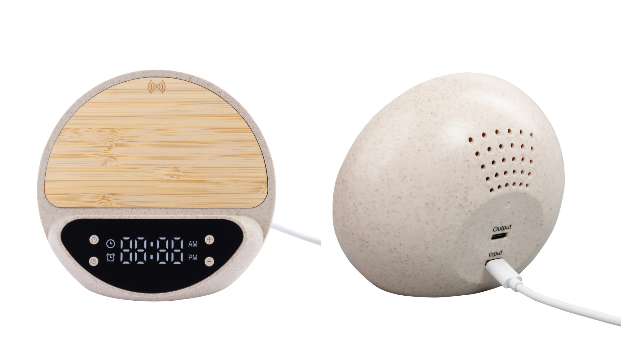 Настольные часы "Smiley" с беспроводным (10W) зарядным устройством и будильником, пшеница/бамбук/пластик фото на сайте Print Logo.