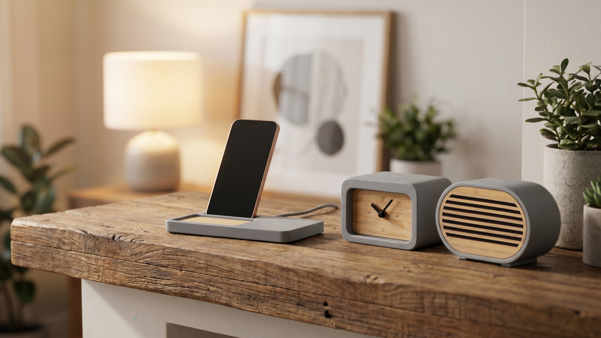 Bluetooth-колонка "Stonehenge" 5Вт с беспроводным зарядным устройством, камень/бамбук фото на сайте Print Logo.