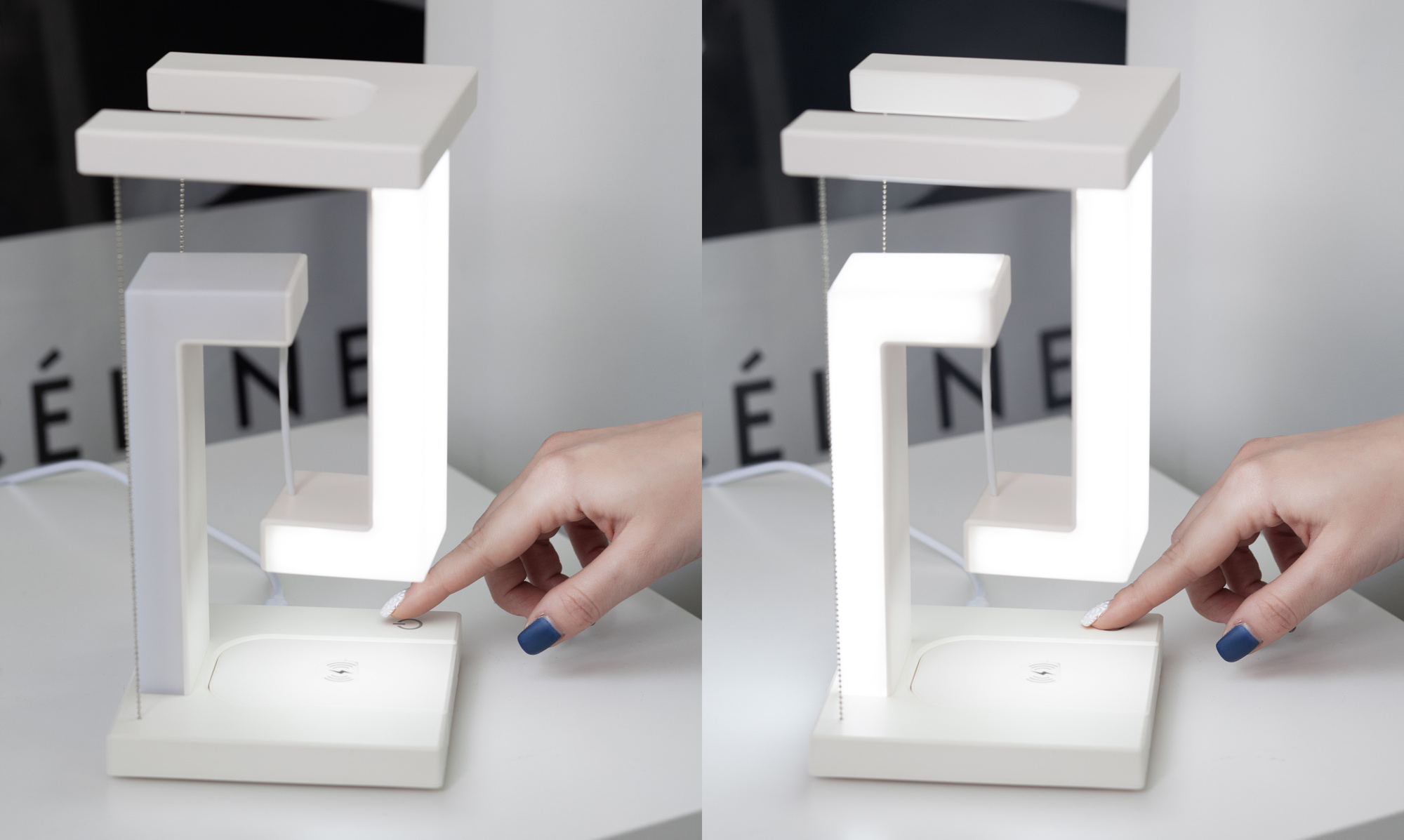 Левитирующая настольная лампа "Twin" с функцией беспроводной зарядки фото на сайте Print Logo.