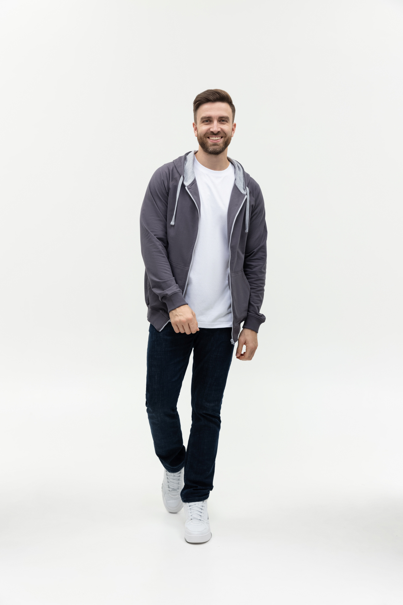 Толстовка мужская STAN с капюшоном на молнии футер без начёса 260, 61, Тёмно-серый,  (100/1)  (48/M)