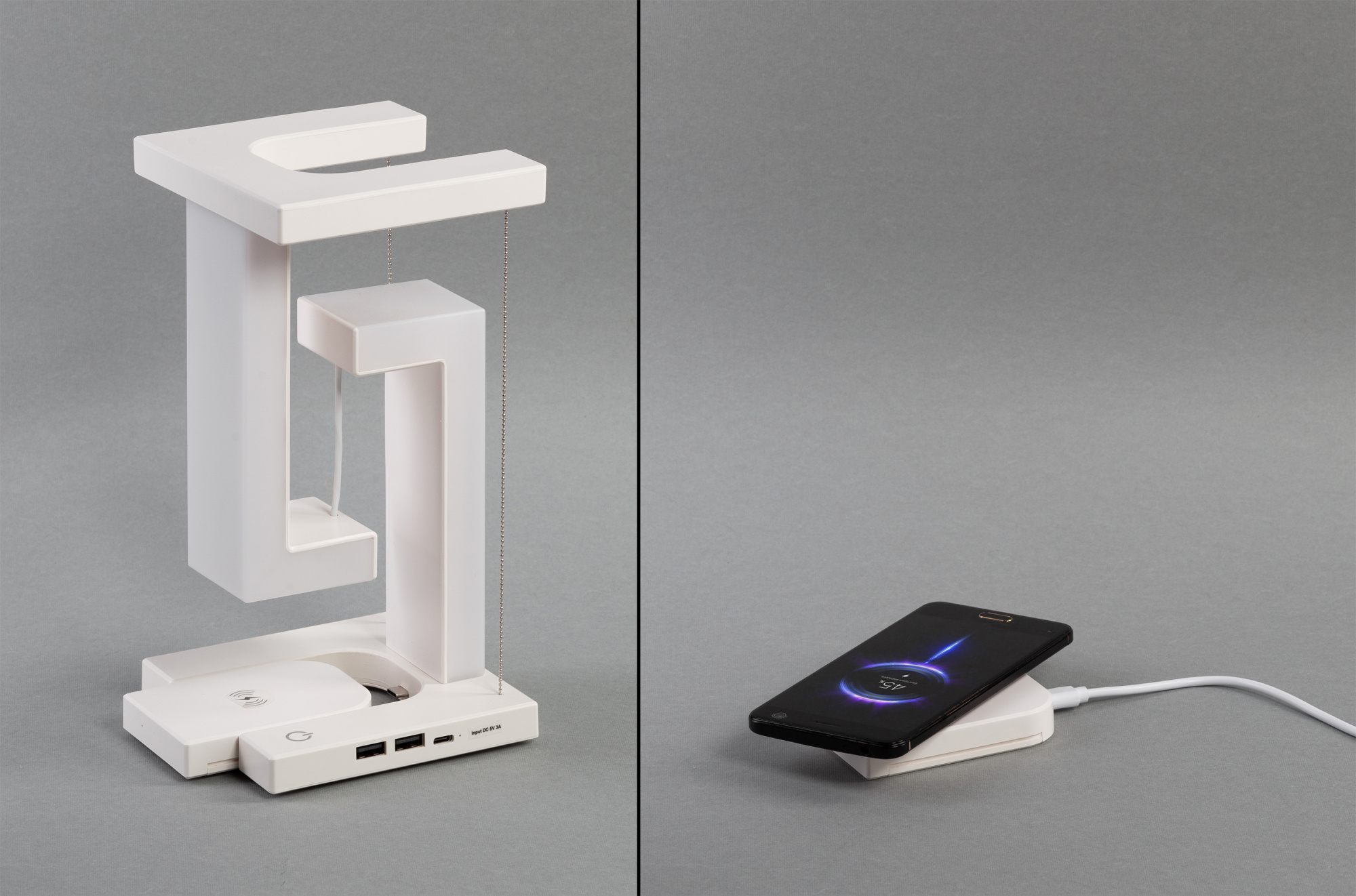 Левитирующая настольная лампа "Twin" с функцией беспроводной зарядки фото на сайте Print Logo.
